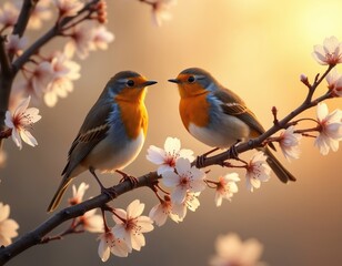 Obraz premium Two robins sit on a flowering tree branch during golden hour. Birds perch amidst delicate white blossoms, bathed in warm, soft light creating a serene natural scene.