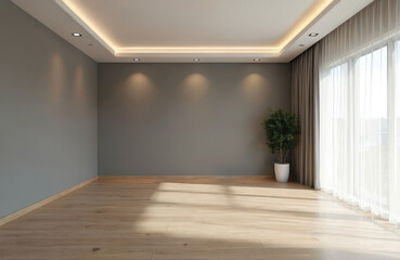 Fototapeta premium Minimalist room with light wood floor gray accent wall. Recessed ceiling lights and sheer curtains illuminate the space. A potted plant adds a touch of nature.