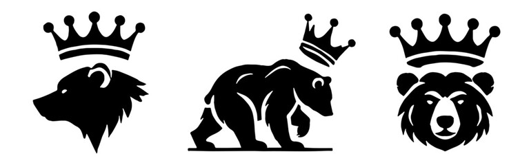 Royal King Bear Silhouette Set with Crown for Mascot and Luxury Logo Design Flat Vector Illustration