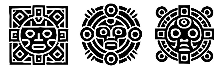 Set of Ancient Mayan Art and Civilization Silhouette Icons for Historical Design Flat Vector Illustration