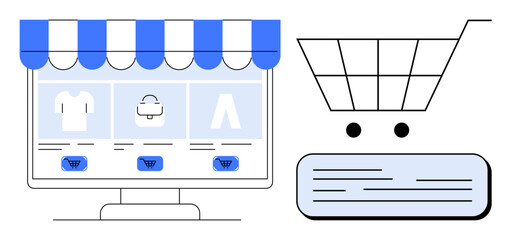 Computer screen with storefront, product icons, and cart navigation representing online shopping. Ideal for e-commerce, retail, digital marketplace, technology, shopping, business and marketing