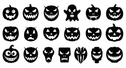 A versatile set of Halloween silhouette icons, including spooky pumpkins, ghosts, and scary monster faces for vector design