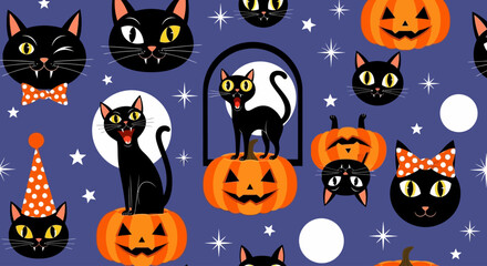 Seamless Halloween pattern featuring cute black cats, carved pumpkins, full moons, and stars on a festive purple background