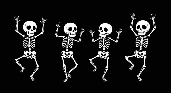 A cheerful quartet of animated skeletons performing a synchronized dance routine, a fun and spooky illustration for Halloween festivities
