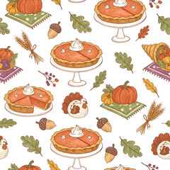 Thanksgiving seamless pattern with pumpkin pie and autumn harvest elements.