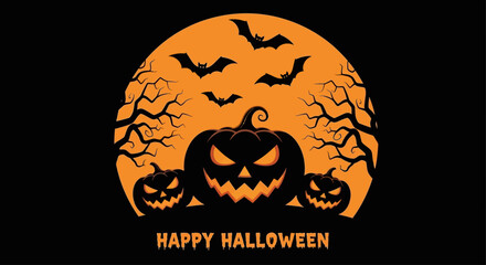 A spooky silhouette design for Halloween with carved jack-o'-lantern pumpkins, flying bats, and a large orange moon background