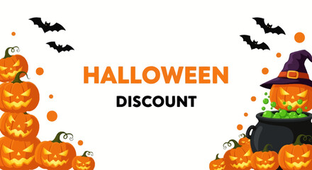 Promotional vector illustration banner with smiling carved pumpkins and a witch's cauldron for a spooky seasonal sale event