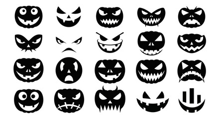 Vector set of black silhouette pumpkin faces. A collection of spooky, evil, and funny Jack-o'-lantern expressions for Halloween design