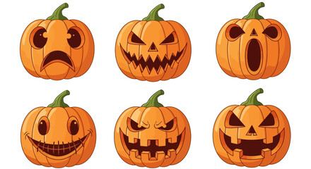 A collection of six cartoon jack-o-lanterns with a variety of spooky, angry, and happy carved facial expressions for Halloween