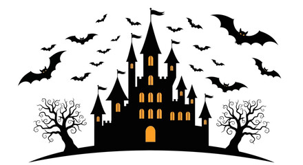 Mysterious dark castle silhouette with illuminated windows and a flock of bats against a white background for a scary Halloween theme