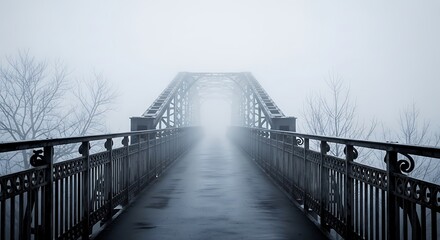 Old metal bridge disappearing into thick fog and mist