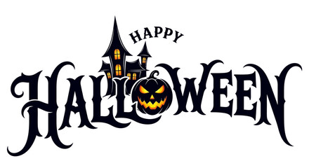 Happy Halloween typographic logo with a spooky haunted house and a glowing jack-o'-lantern pumpkin