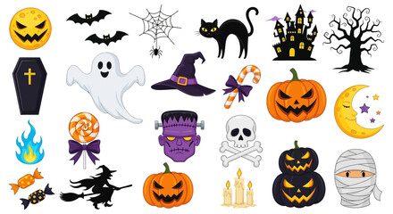 A comprehensive vector set of classic cartoon Halloween symbols including ghosts, pumpkins, witches, and monsters for festive design projects