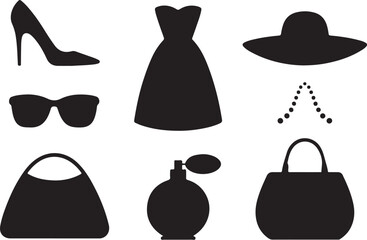 Chic fashion icons: shoes, dress, hat, bag, perfume
