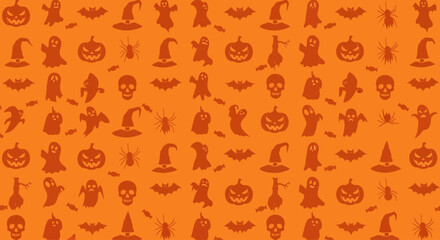 Vibrant orange Halloween seamless pattern with repeating silhouettes of pumpkins, ghosts, and bats. A festive digital art background for autumn celebrations