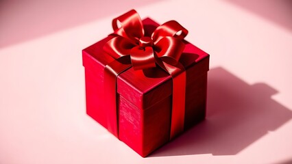 Fototapeta premium Elegant crimson gift box with satin ribbon, radiating a festive and luxurious atmosphere in minimalist style.