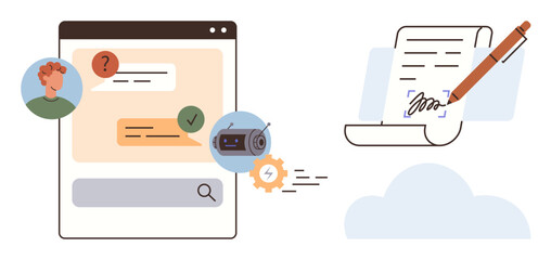 Chat interface with question-answer exchange, chatbot automation settings, and digital writing on paper in a cloud. Ideal for AI communication, automation, customer service, content creation, cloud