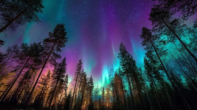 Experience the vibrant Northern Lights dancing over the serene forest landscape under a starlit sky, a magical scene