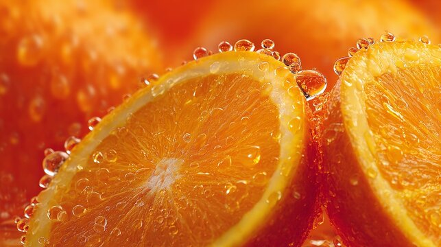Juicy orange slices glistening with fresh water droplets for healthy vibrant lifestyle branding and advertising campaigns