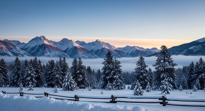 Snowy mountain range at sunrise with pine forest foreground - Powered by Adobe