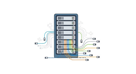 Data server illustration showing the interconnection of a network with colorful cables for