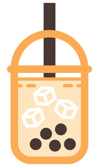 A bubble tea cup icon vector with ice and boba pearls in a transparent cup and straw.