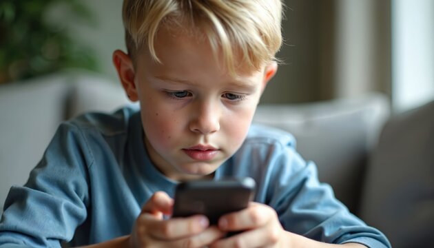 Blond boy uses smartphone while sitting on sofa. Child holds mobile phone in hands. Youngster looks at phone screen. Kid is indoors in living room. Boy is focused on mobile device.