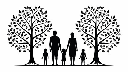 Silhouette family of five standing under trees, parents holding children's hands, representing love, family values, growth, and connection to nature