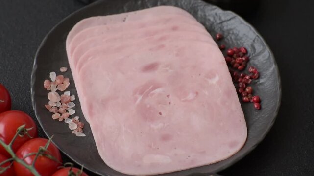 Meat, square ham sliced, organic food, protein for snacks. Sliced ham as a background