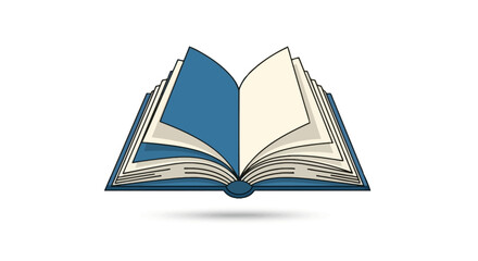 Stylized illustration of an open book with blue cover and multiple pages ready to be read