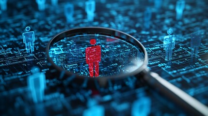 Magnifying glass focuses on a red human figure among blue figures on circuit board.