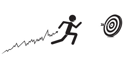 Stick figure running towards a target with a rising graph line isolated on transparent background