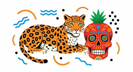 Vibrant illustration of a jaguar alongside a decorated sugar skull, embodying cultural fusion