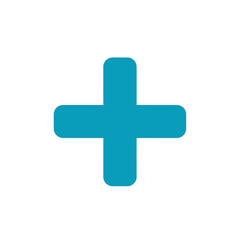 Obraz premium A simple geometric teal plus sign symbol with rounded edges presented centered on a pure white background signifying additive elements or healthcare