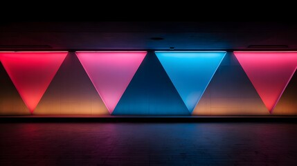 Geometric triangles illuminated with red, pink, and blue light create modern architecture.