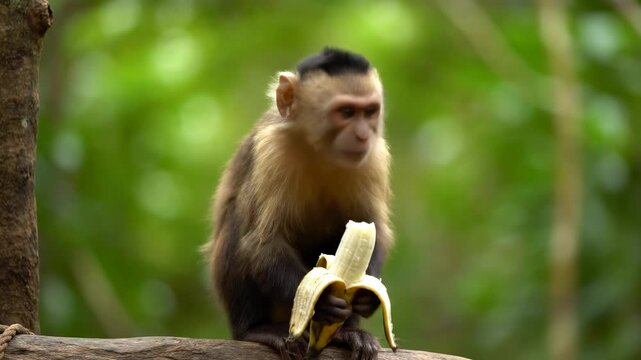 Calm Monkey Enjoying Banana Snack - A small monkey sits calmly on a branch, attentively eating a banana. The background is a softly blurred green forest.