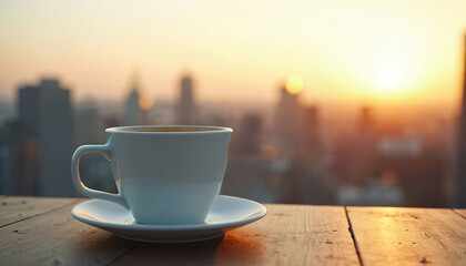 White coffee cup on wooden table with saucer. City skyline backdrop at sunset. Beverage in mug on rooftop during break. Drink with urban background view.