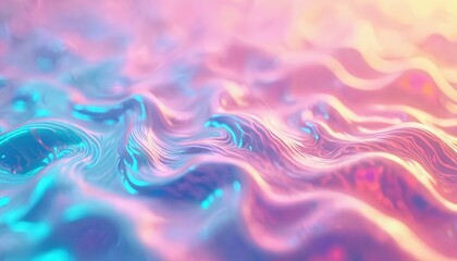 Abstract iridescent liquid waves flow with pastel pink blue, yellow hues creating vibrant turbulent pattern. Smooth, glossy texture suggests fluid motion, playful, dreamy vibes for creative projects.