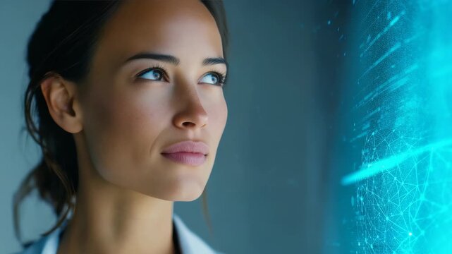 Confident young woman looking ahead with a futuristic digital interface overlay, symbolizing innovation and technology. Modern portrait reflecting ambition and forward thinking mindset