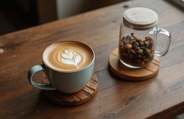 Latte art in a ceramic mug on a wooden coaster with a glass jar filled with coffee beans. Coffee beans sit beside a cup. A beautiful coffee art. Flat lay photo.
