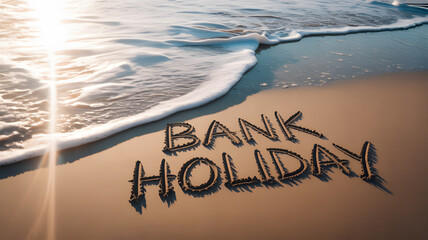 Bank holiday written in the sand at the beach with waves coming in during a summer vacation