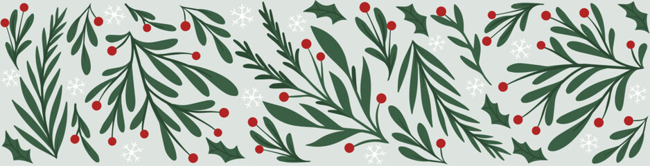 Classic Winter Horizontal Border with Snowy Green Foliage and Red Berries