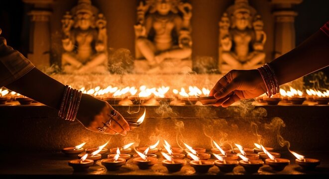 Two hands lighting diyas in front of statues adorned with bangles and rings