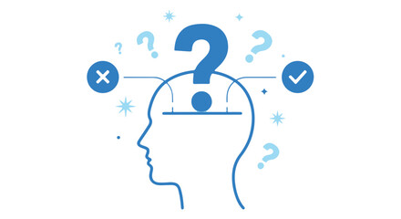 Conceptual illustration of a person thinking with question marks and checkcross symbols isolated on transparent background