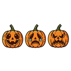Three orange pumpkins with carved faces displaying different emotions including happy sad and angry set against a pure white background perfect for