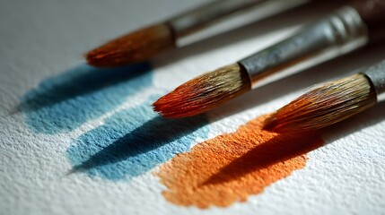 Fototapeta premium Brushes create colorful paint strokes on textured paper with shadows.