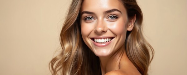 Young woman with glowing skin and long wavy hair smiles widely, showcasing perfect white teeth. Her natural makeup and confident expression suggest beauty and health for cosmetic advertising.