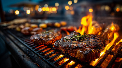 delicious Beef steaks on the grill with flames