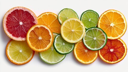 Obraz premium Fresh citrus fruit slices offering vibrant colors and juicy texture for healthy lifestyle campaigns and summer promotions