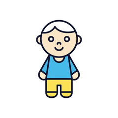 Obraz premium Simple Cartoon Boy Character with Blond Hair Wearing a Blue T-Shirt and Yellow Shorts Standing Against a White Background with a Friendly Smiling